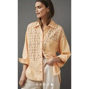 anthropologie Maeve Lace Oversized Shirt Jacket Size Small In Peach